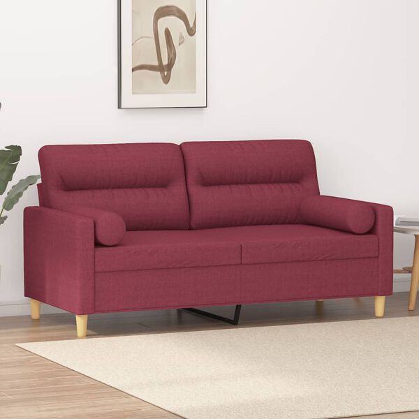 vidaXL Dvivietė sofa su pagalvėlėmis, raudonojo vyno, 140cm, audinys