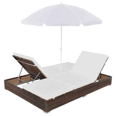 vidaXL Saulės gultas su skėčiu, poliratanas, rudas