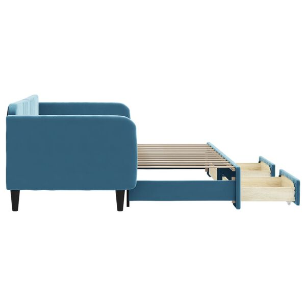vidaXL Lova su i&scaron;traukiama dalimi/stalčiais, mėlyna, 90x200cm, aksomas