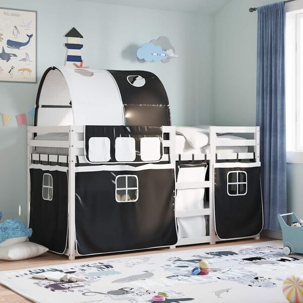 vidaXL Dviaukštė lova su užuolaidomis, balta/juoda, 90x190cm, pušis