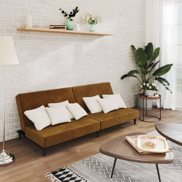 vidaXL Dvivietė sofa-lova, rudos spalvos, aksomas