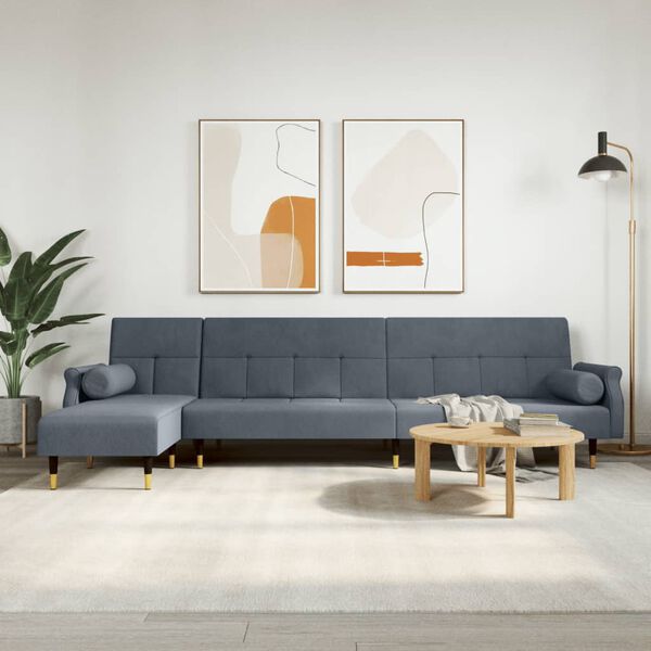 vidaXL L formos sofa-lova, tamsiai pilka, 271x140x70cm, aksomas