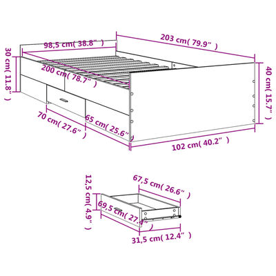 vidaXL Lovos rėmas su stalčiais, juodas, 100x200cm, apdirbta mediena