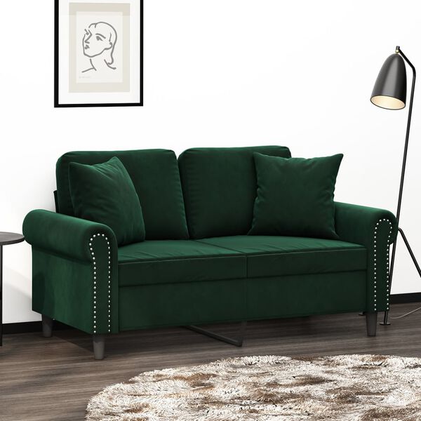 vidaXL Dvivietė sofa su pagalvėmis, tamsiai žalia, 120cm, aksomas