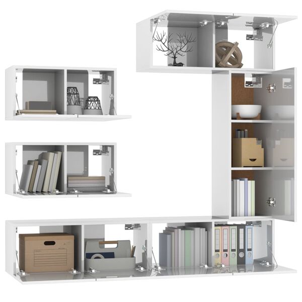 vidaXL TV spintelių komplektas, 6 dalių, baltas, mediena, blizgus