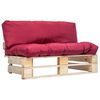 vidaXL Sodo sofa i&scaron; palečių su raudonomis pagalvėlėmis, pu&scaron;ies mediena