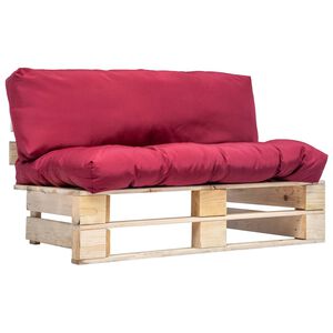 vidaXL Sodo sofa i&scaron; palečių su raudonomis pagalvėlėmis, pu&scaron;ies mediena