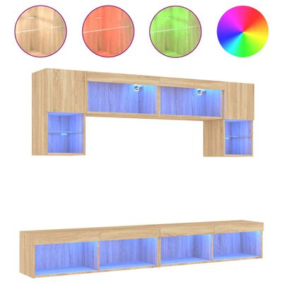 vidaXL Sieninė TV sekcija su LED, 6 dalių, ąžuolo, apdirbta mediena