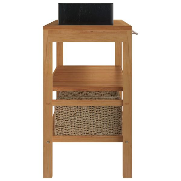 vidaXL Vonios spintelė su juodais praustuvais, tikmedis ir marmuras