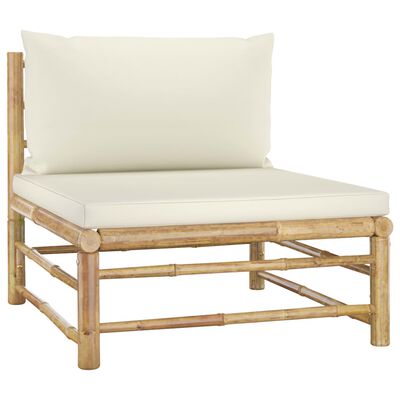 vidaXL Vidurinė sodo sofos dalis su kreminėmis pagalvėmis, bambukas