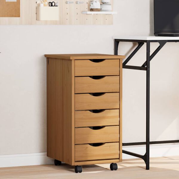 vidaXL Spintelė su ratukais ir stalčiais MOSS, ruda, pušies masyvas