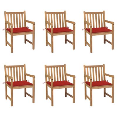 vidaXL Sodo kėdės su raudonomis pagalvėlėmis, 6vnt., tikmedis