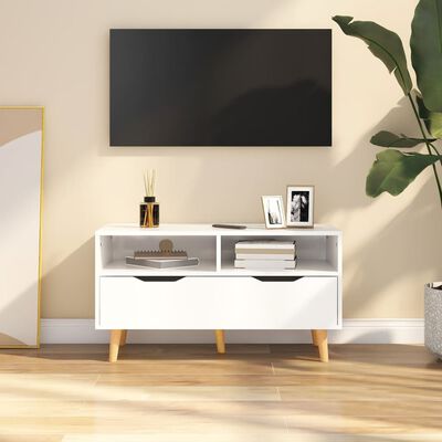 vidaXL Televizoriaus spintelė, balta, 90x40x48,5cm, mediena, blizgi