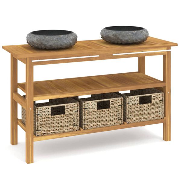 vidaXL Vonios spintelė su juodais marmuriniais praustuvais, tikmedis