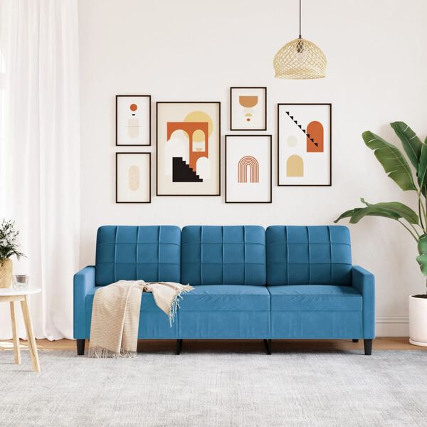 vidaXL Trivietė sofa, mėlynos spalvos, 180cm, aksomas