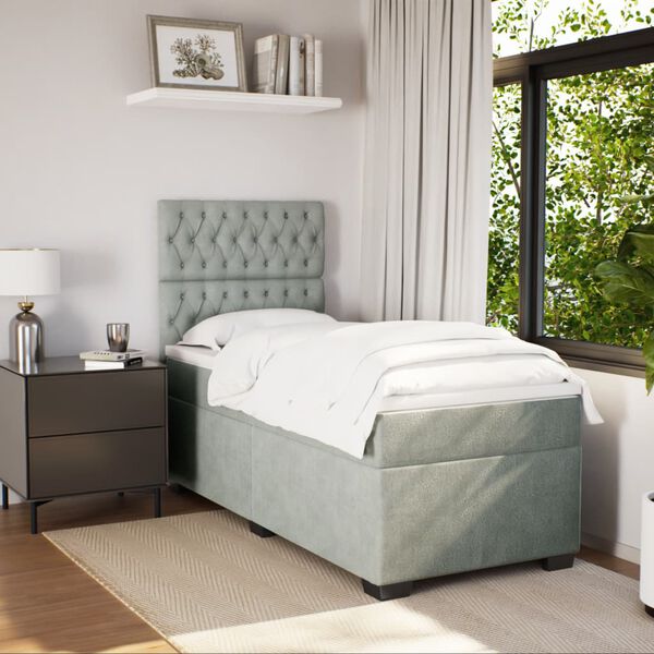 vidaXL Lova su spyruoklėmis ir čiužiniu, pilka, 90x200 cm, aksomas