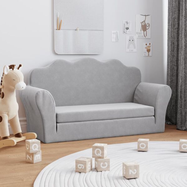 vidaXL Vaikiška dvivietė sofa-lova, šviesiai pilka, minkštas pliušas