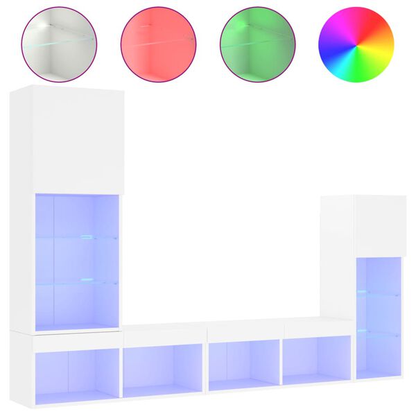 vidaXL Sieninė TV sekcija su LED, 4 dalių, balta, apdirbta mediena