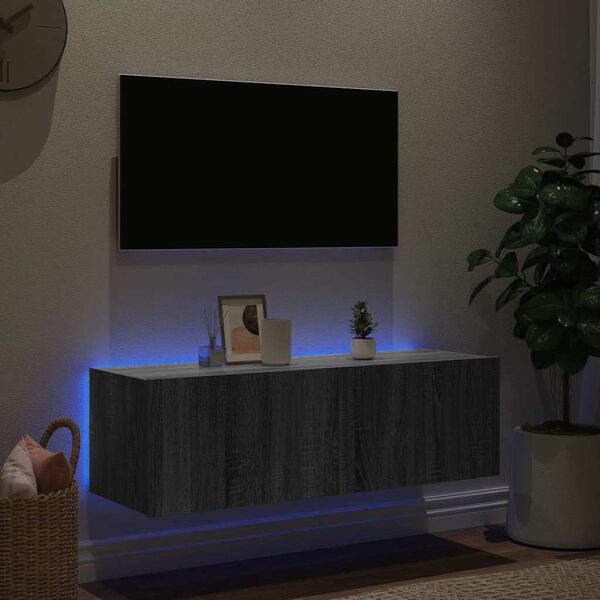 vidaXL Sieninė TV spintelė su LED lemputėmis, pilka, 100x35x31cm