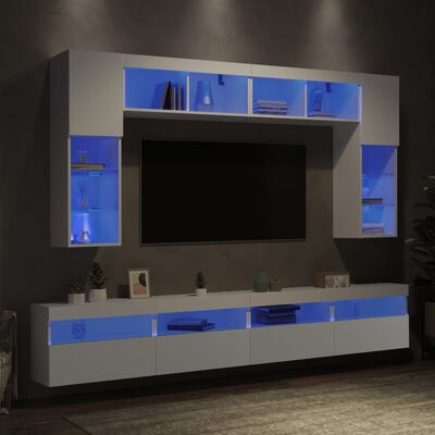 vidaXL Sieninės TV spintelės su LED lemputėmis, 8vnt., baltos spalvos