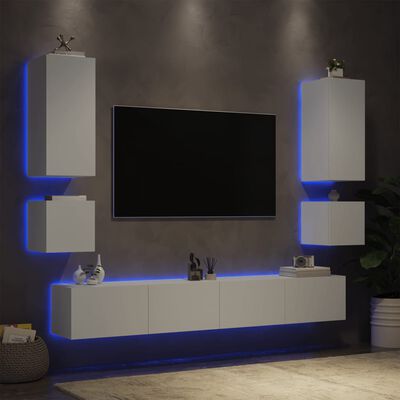 vidaXL Sieninės TV spintelės su LED lemputėmis, 6 dalių, baltos