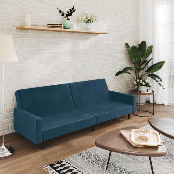 vidaXL Dvivietė sofa-lova, mėlynos spalvos, aksomas