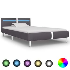 vidaXL Lovos rėmas su LED, pilkos spalvos, 90x200 cm, dirbtinė oda