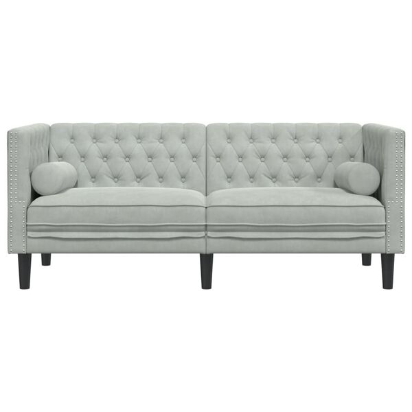 vidaXL Dvivietė chesterfield sofa su pagalvėlėmis, pilka, aksomas