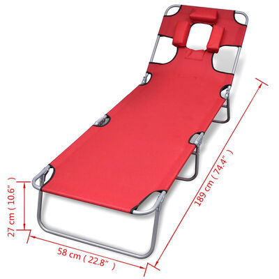 vidaXL Sulankstomas saulės gultas su pagalvėle, plienas, raudonas
