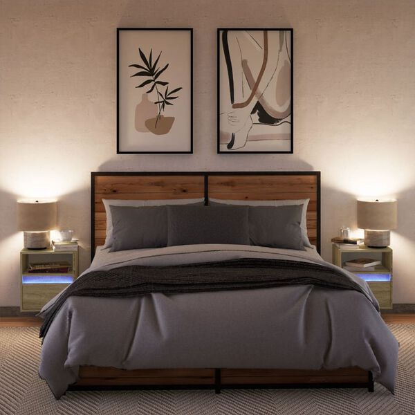 vidaXL Sieninės naktinės spintelės su LED, 2vnt., ąžuolo