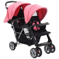 vidaXL Vaikiškas dvivietis vežimėlis, rožinis/juodas, plienas