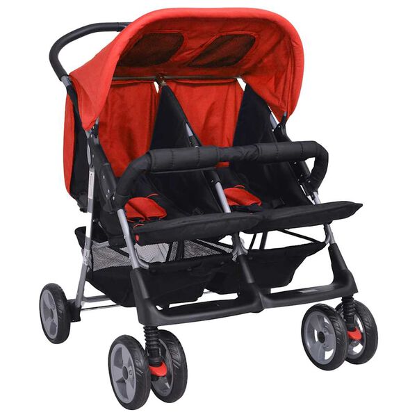 vidaXL Vaikiškas vežimėlis dvynukams, raudonas ir juodas, plienas