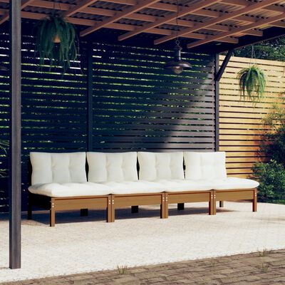vidaXL Keturvietė sodo sofa su kreminėmis pagalvėlėmis, pušies masyvas