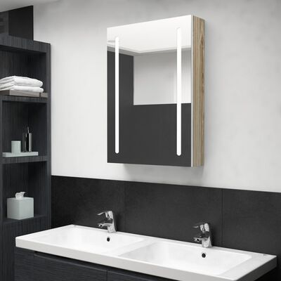 vidaXL Veidrodinė vonios spintelė su LED, balta ir ąžuolo, 50x13x70cm