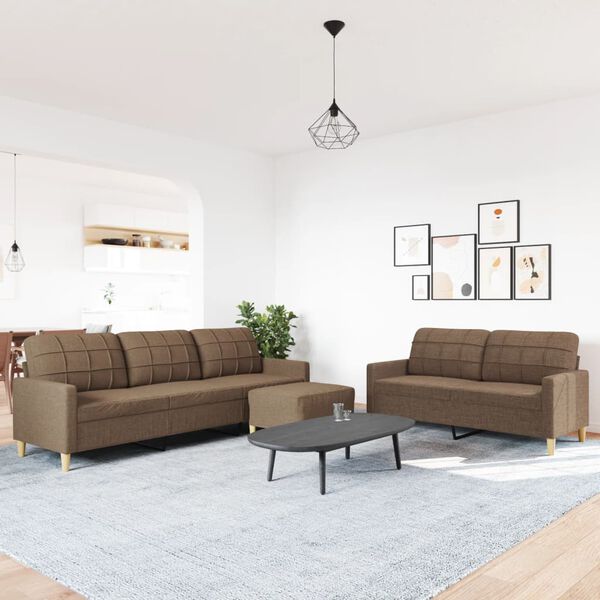 vidaXL Sofos komplektas su pakoja, 3 dalių, rudas, audinys