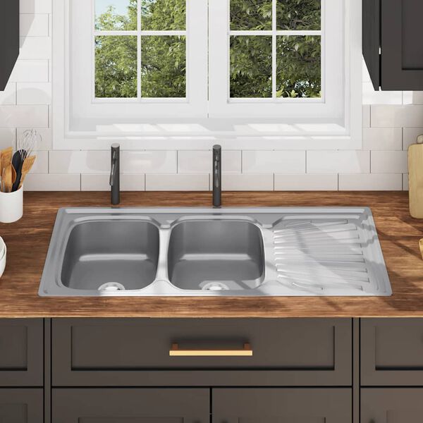 vidaXL Virtuvinė plautuvė su 2 dubenimis, sieteliu ir sifonu, plienas