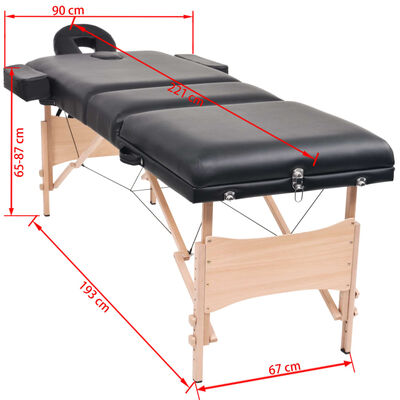 vidaXL Sulankstomo masažo stalo ir taburetės rinkinys, juodas, 3 zonų