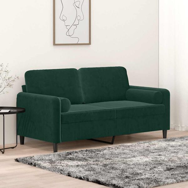 vidaXL Dvivietė sofa su pagalvėlėmis, tamsiai žalia, 140cm, aksomas