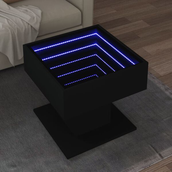 vidaXL Kavos staliukas su LED, juodas, 50x50x45cm, apdirbta mediena