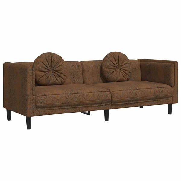 vidaXL Trivietė sofa su pagalvėlėmis, ruda, dirbtinė versta oda