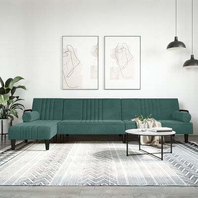 vidaXL L formos sofa-lova, tamsiai žalia, 260x140x70cm, aksomas