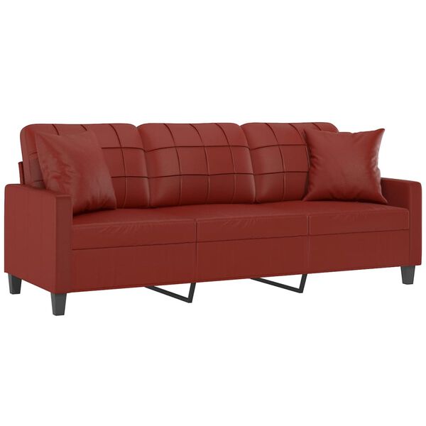 vidaXL Trivietė sofa su pagalvėmis, vyno, 180cm, dirbtinė oda