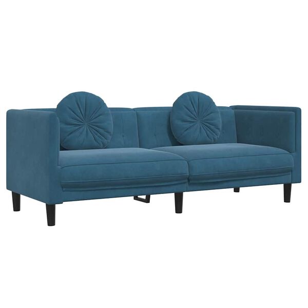 vidaXL Trivietė sofa su pagalvėlėmis, mėlynos spalvos, aksomas