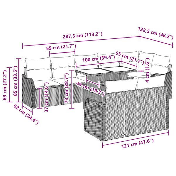 vidaXL Sodo Sofų Rinkinys su pagalve 9 pcs Šviesiai pilka Poli ratanas