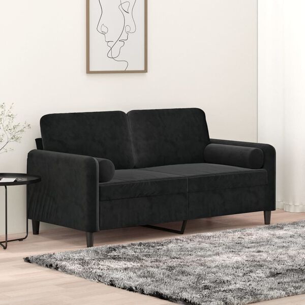 vidaXL Dvivietė sofa su pagalvėmis, juodos spalvos, 140cm, aksomas