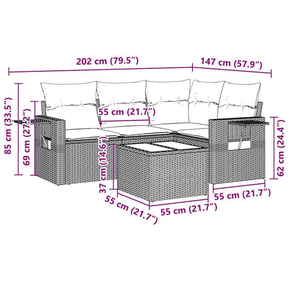 vidaXL Sofos komplektas su pagalvėlėmis, 5 dalių, pilkas, poliratanas