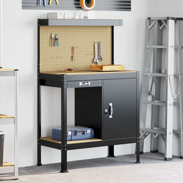 vidaXL Darbo suolai su stalčių Juoda 90 x 49 x 141 cm Apdirbta mediena