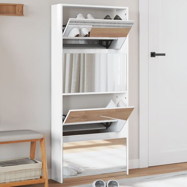 vidaXL Batų spintelė su veidrodžiu, 4 auk&scaron;tų, balta, 63x17x134cm