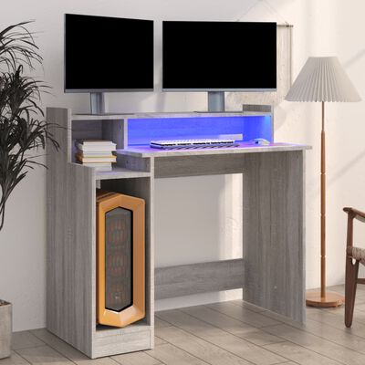 vidaXL Rašomasis stalas su LED, pilkas ąžuolo, 97x45x90cm, mediena