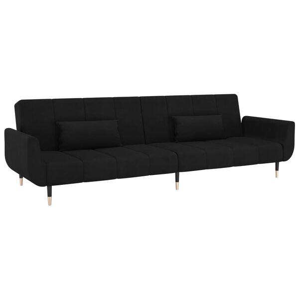 vidaXL Dvivietė sofa-lova su dvejomis pagalvėmis, juoda, aksomas
